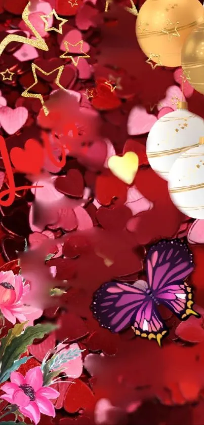 Colorful wallpaper with hearts, butterfly, and flowers on a red background.