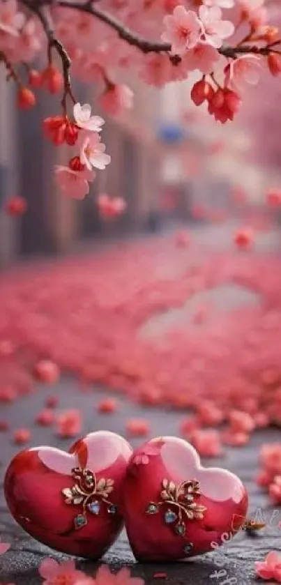Romantic cherry blossom and heart themed wallpaper in pink hues.