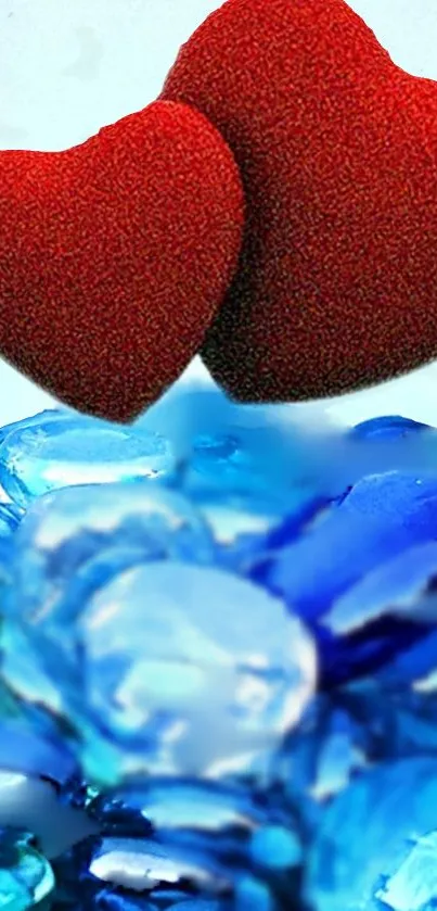 Red hearts on blue crystals mobile wallpaper.