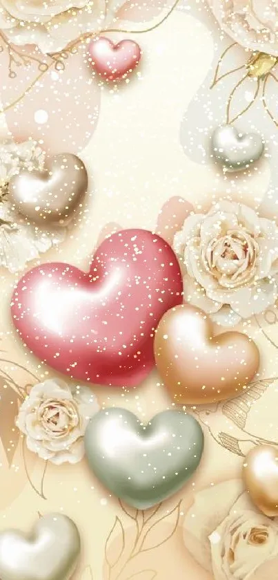 Romantic mobile wallpaper with hearts and flowers in cream and gold.