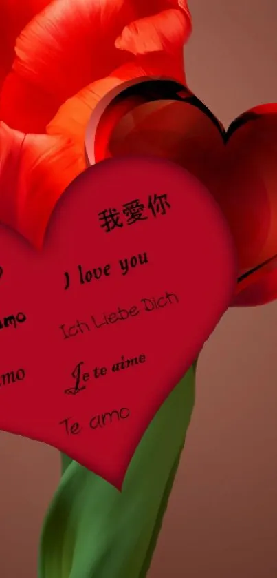 Red heart and flower with multilingual love message.