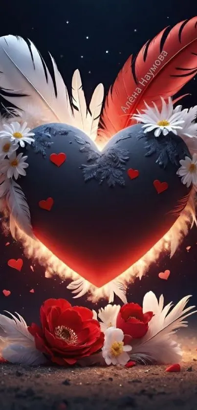 Romantic heart with glowing feathers and flowers in a vibrant display.