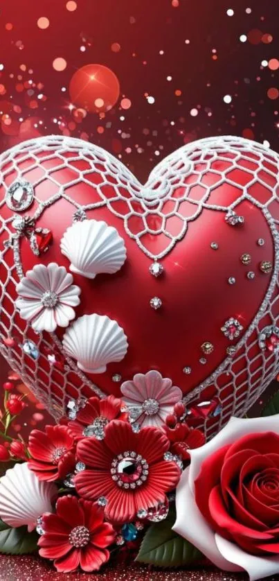 Heart with floral design on red background wallpaper.