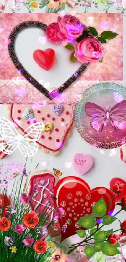 Romantic wallpaper with hearts and floral designs, perfect for love themes.
