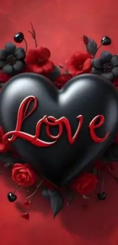 Black heart with 'Love' surrounded by red flowers.