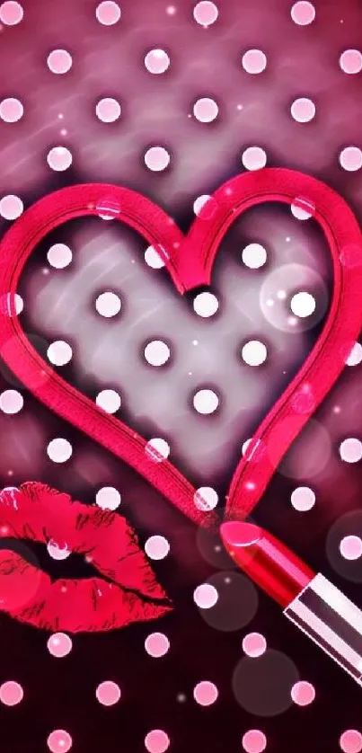 Pink heart and lips on polka dot background.