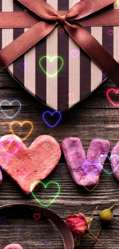 Heart-shaped box with love letters on a wooden background.