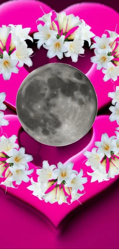 Pink heart with white flowers and moon.