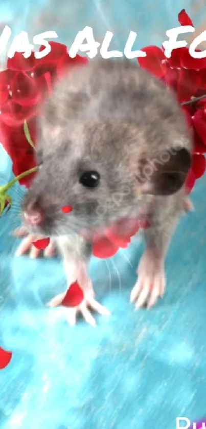 Mouse with red flower hearts on blue background.