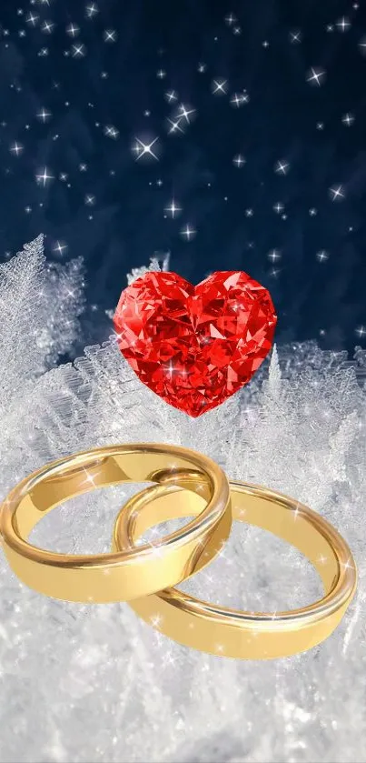 A red crystal heart above gold rings on snowy background with stars.