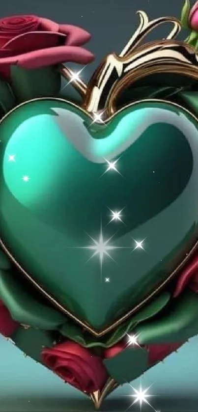 Emerald heart surrounded by red roses on a phone wallpaper.