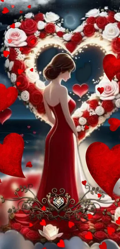 Lady in red dress with heart and roses background.