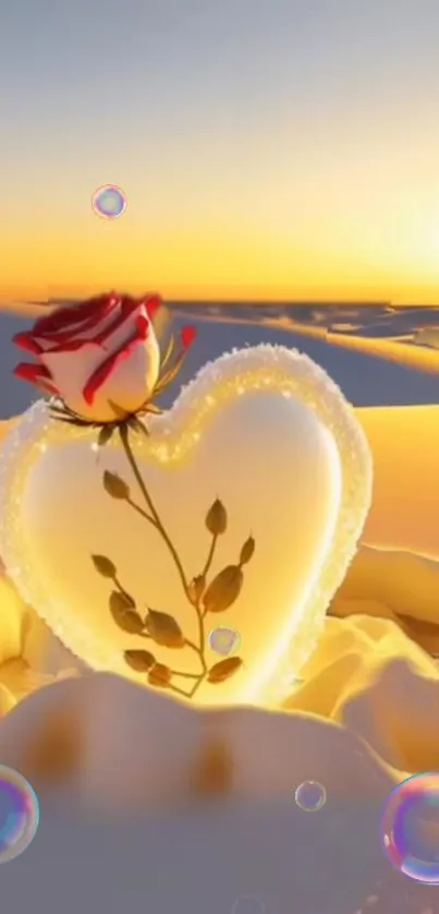 Heart-shaped crystal with rose at sunset.