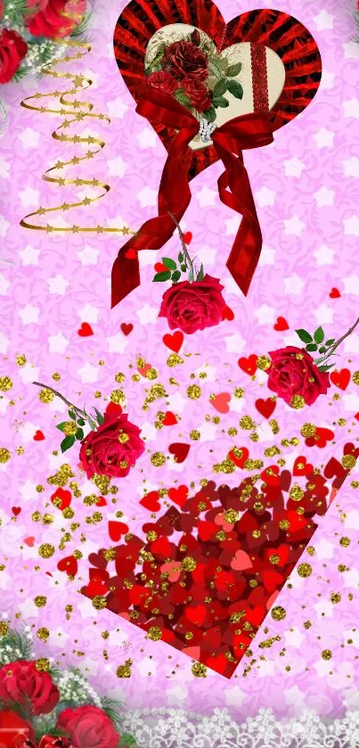 Romantic wallpaper with hearts and roses on a pink background.