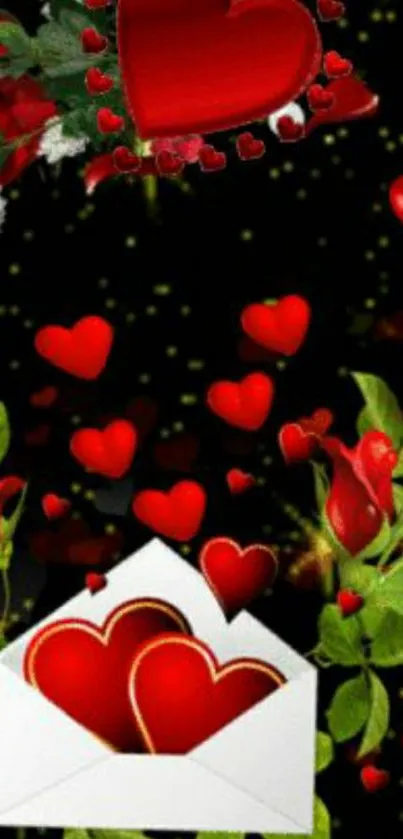 Romantic wallpaper with red hearts and roses on dark background.