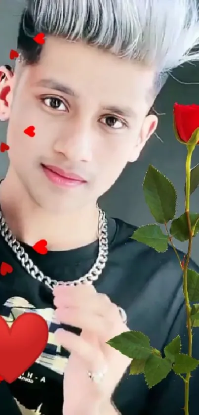 Stylish young man with hearts and rose on wallpaper.