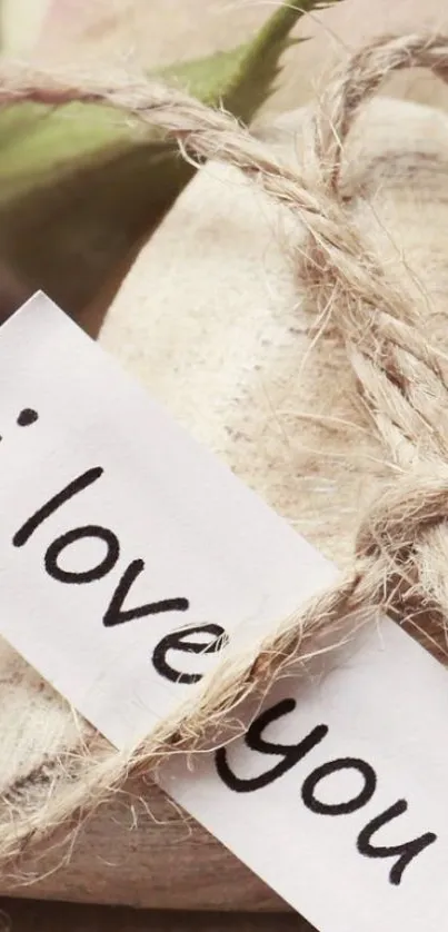 Rustic heart, pink rose, 'I love you' note.