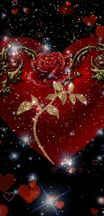 Romantic red heart with rose design mobile wallpaper.