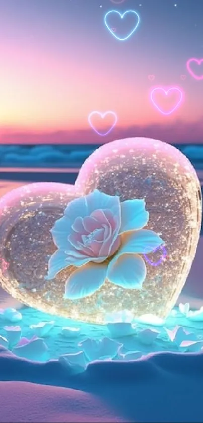 Romantic heart with rose and glowing accents on a beach at sunset.