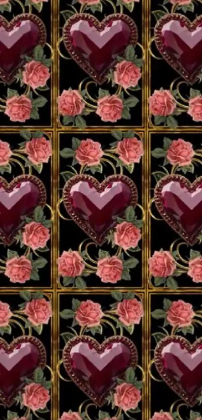 Intricate heart and rose mobile wallpaper design.