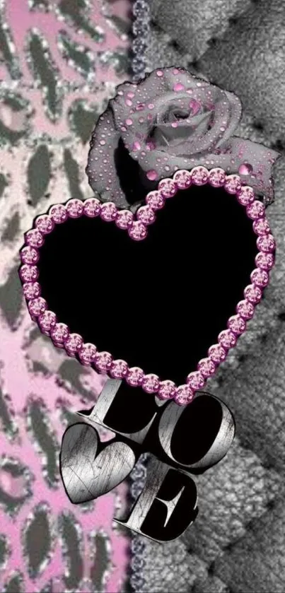 Romantic heart and rose wallpaper with pink and grey textures.