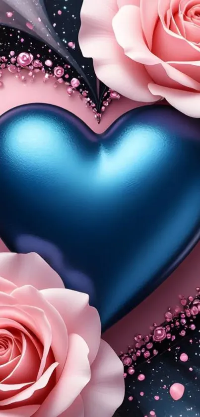 Artistic blue heart with pink roses wallpaper.