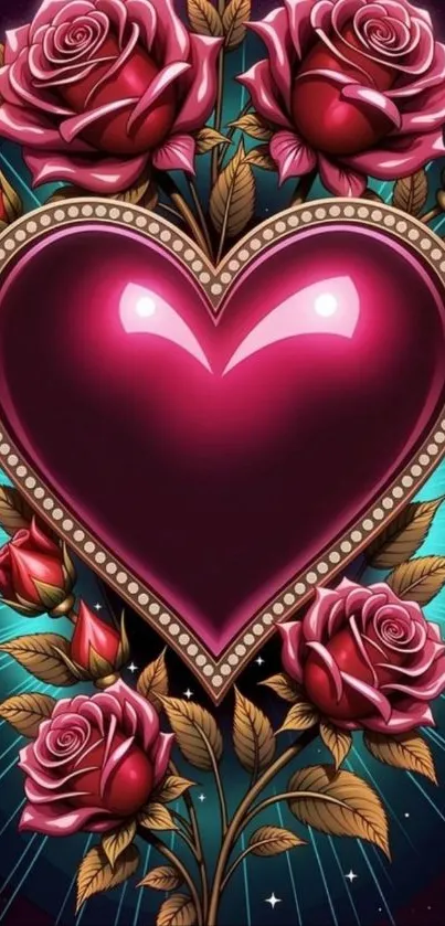 Heart and roses design with dark pink background for romantic themes.