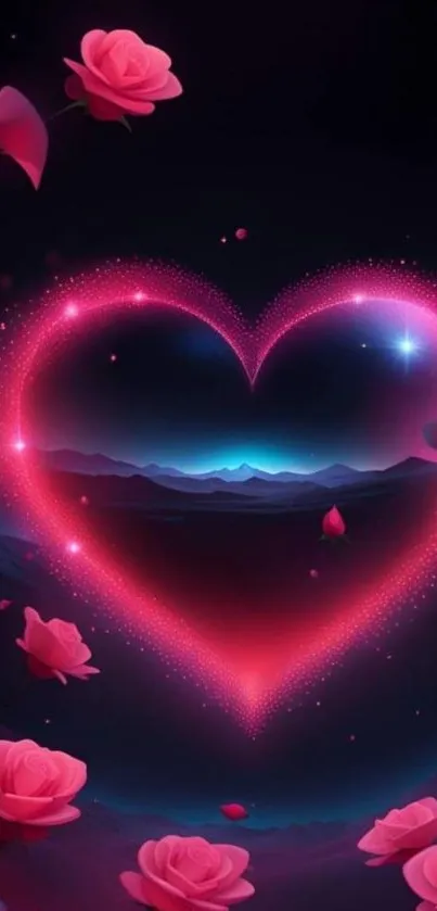 Glowing heart with pink roses mobile wallpaper.