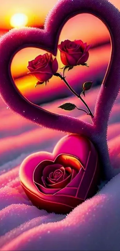 Romantic heart with roses against a vibrant sunset.