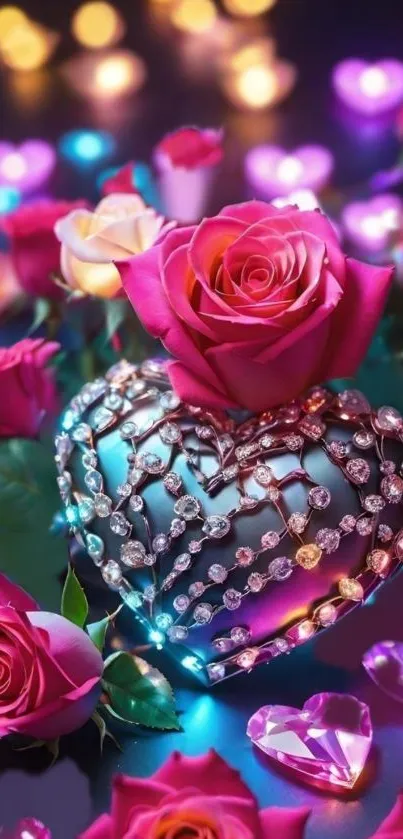 Wallpaper with pink roses, jeweled heart, and bokeh lights.