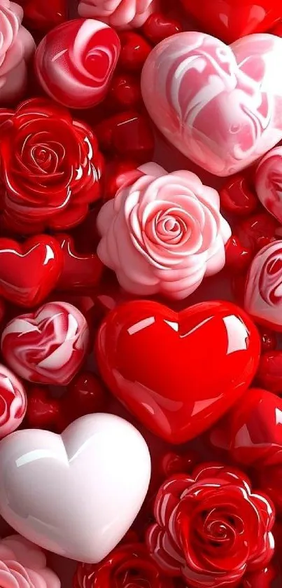 Romantic red and white hearts with roses wallpaper.