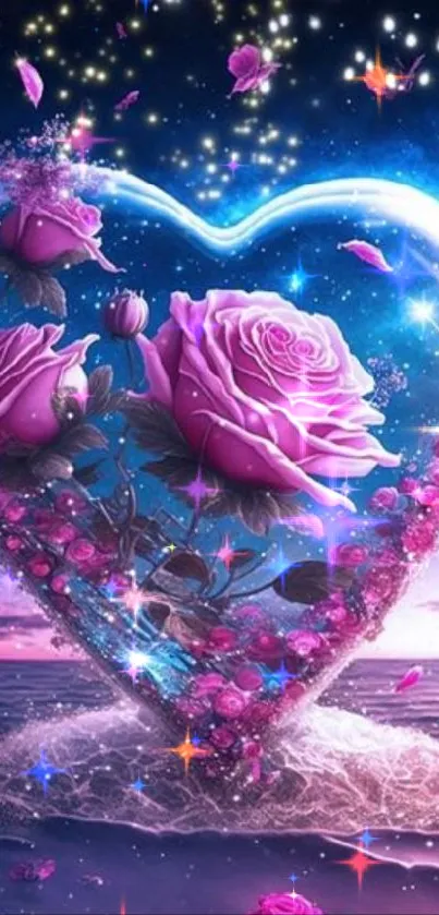 Romantic wallpaper with heart-shaped roses and night sky.