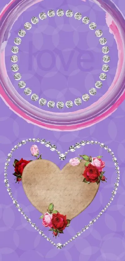 Purple heart wallpaper with roses circle design.