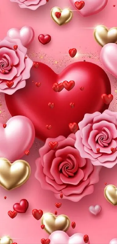 Romantic wallpaper with red heart and pink roses on a mobile phone.