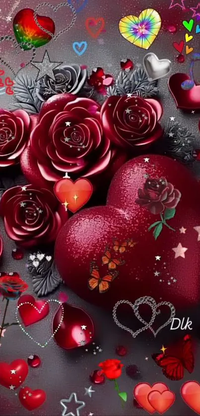 Red roses and hearts mobile phone wallpaper with intricate love designs.