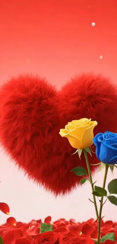Fluffy red heart with yellow and blue roses.