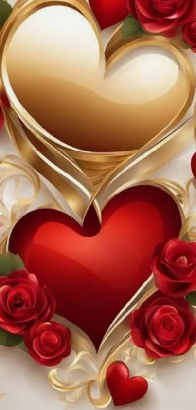 Gold and red hearts with roses wallpaper.
