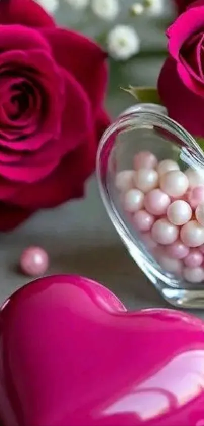Heart-shaped object with red roses and pink accents.