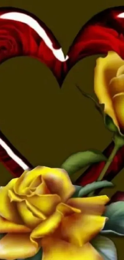Romantic heart and yellow roses on olive background.