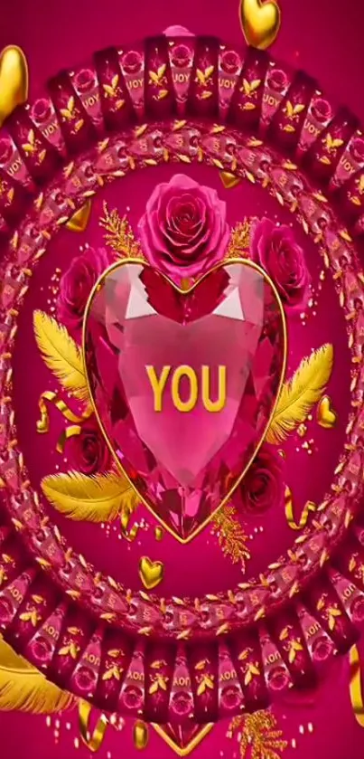 Romantic wallpaper featuring heart and pink roses with gold accents.