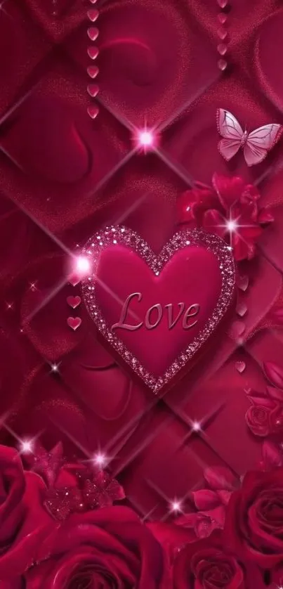 Red vibrant wallpaper with heart and roses.