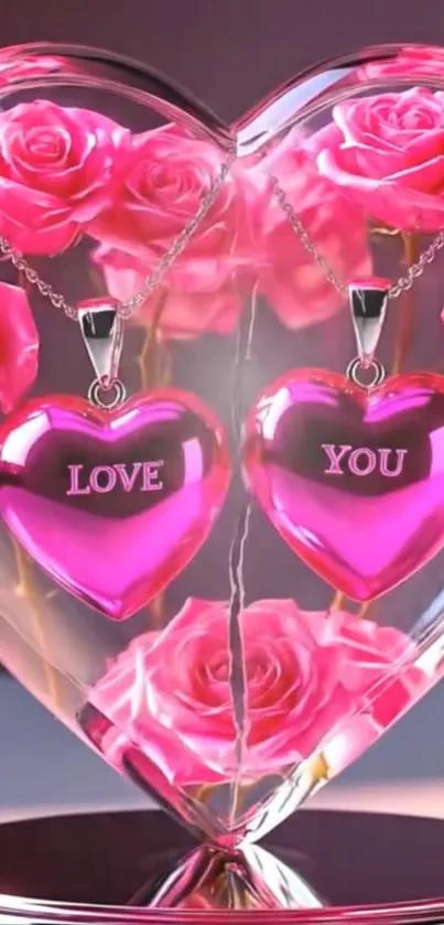 Pink heart pendants with roses for romantic wallpaper.