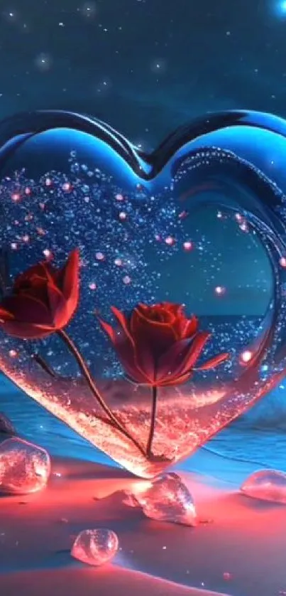 Romantic heart with red roses on a night ocean background.