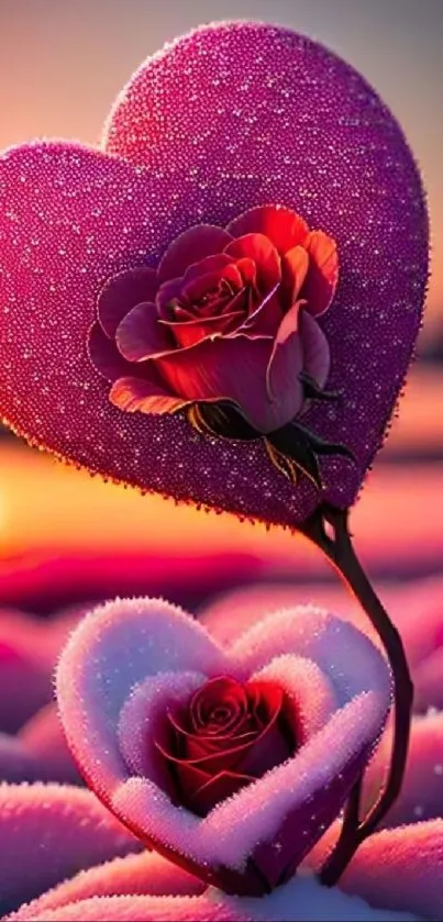 Romantic pink heart with embedded red roses against a sunset backdrop.