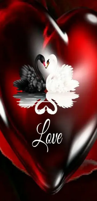 Red glossy heart with two swans and love text on a wallpaper.