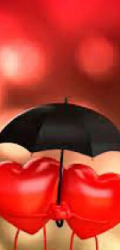 Romantic hearts under an umbrella with red bokeh.