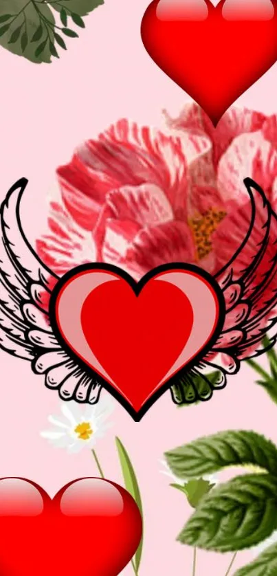 Romantic red heart with wings on a floral pink background.