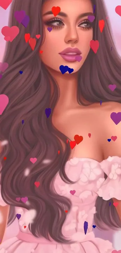 Illustration of woman with flowing hair and hearts on mobile wallpaper.