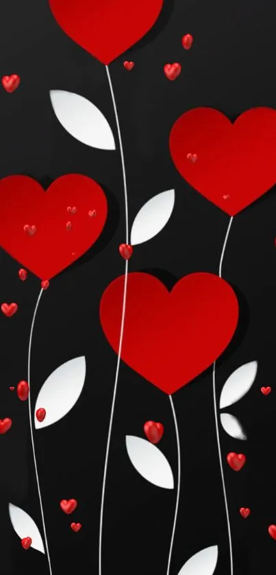 Mobile wallpaper with red hearts on black background.