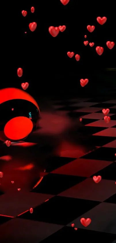 Mobile wallpaper with glowing red hearts and checkered floor design.